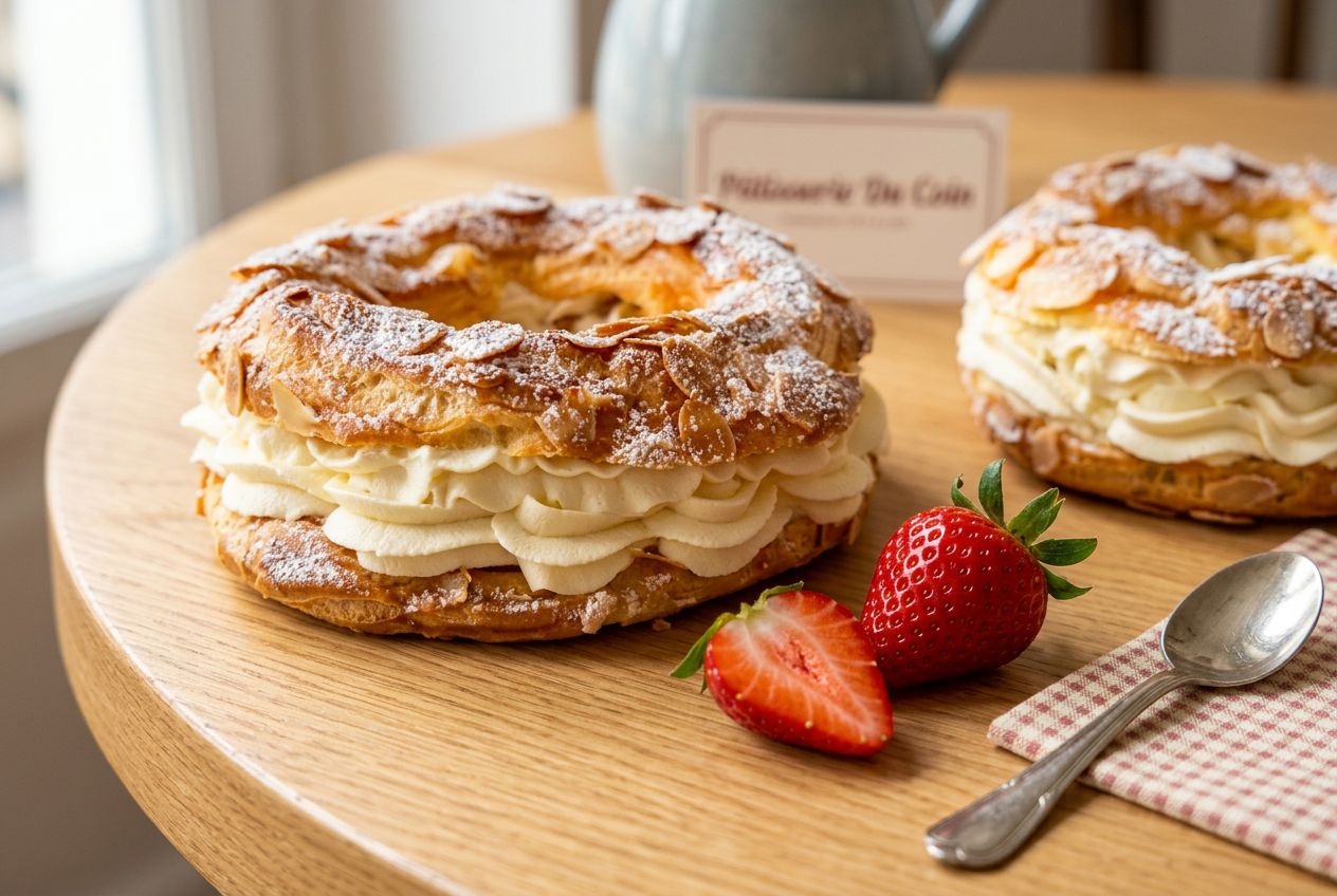 Paris Brest maison choux praliné crème mousseline servi sur une assiette blanche