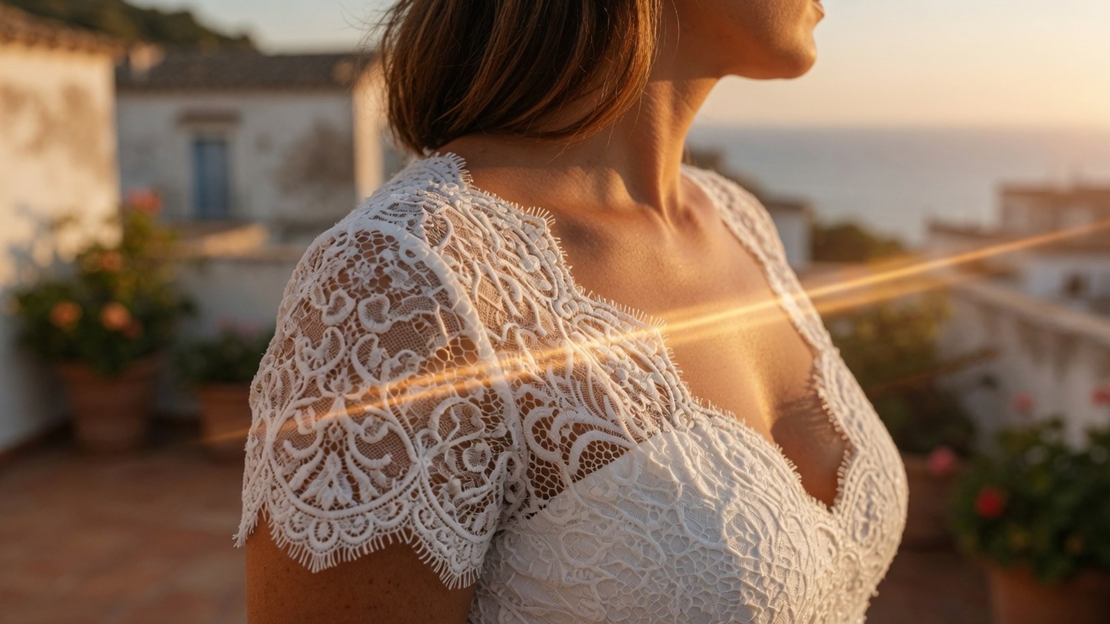 Femme en profil portant une robe en dentelle blanche fine, peau hâlée visible par transparence, lumière rasante de fin d'aprè