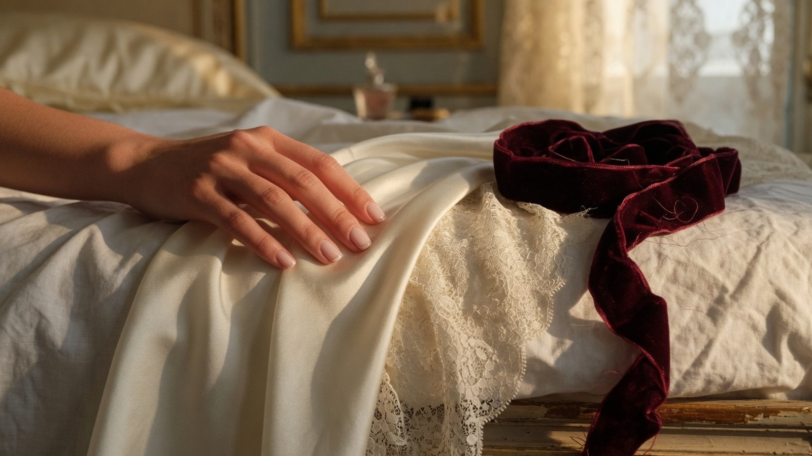 Gros plan : main caressant satin ivoire, dentelle et velours bordeaux sur un lit, lumière chaude