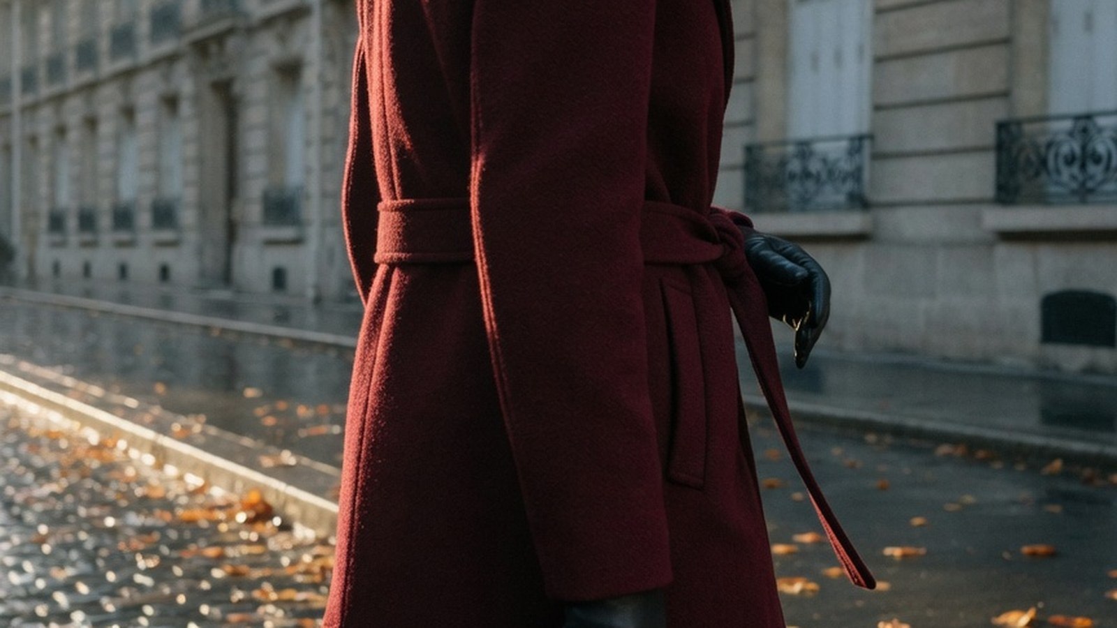 Femme vue de dos portant un long manteau bordeaux sur une rue pavée parisienne à la lumière dorée du soir.