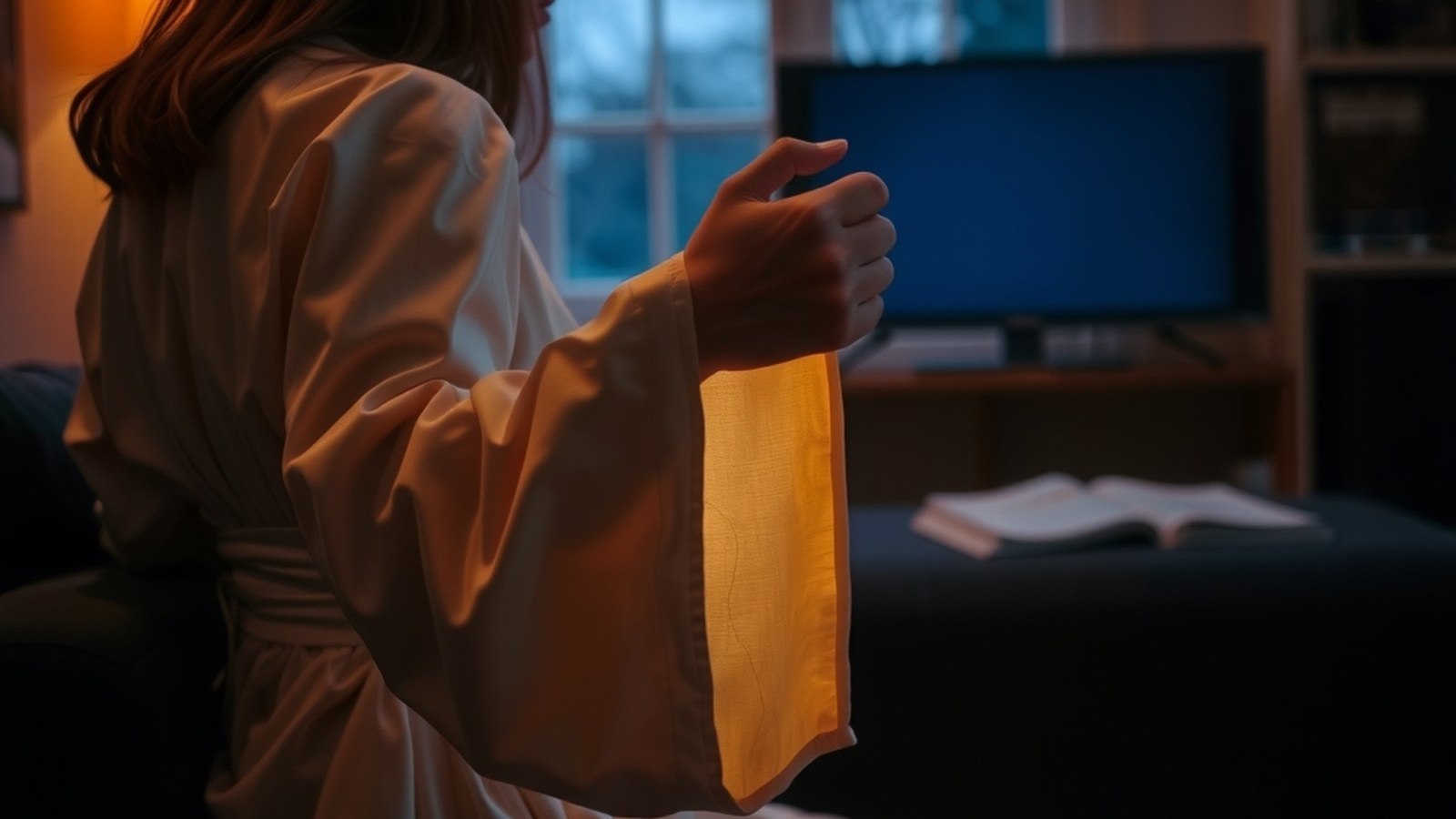 Femme en gros plan, main posant une télécommande, salon sombre éclairé d'une lumière chaude et crépuscule bleu