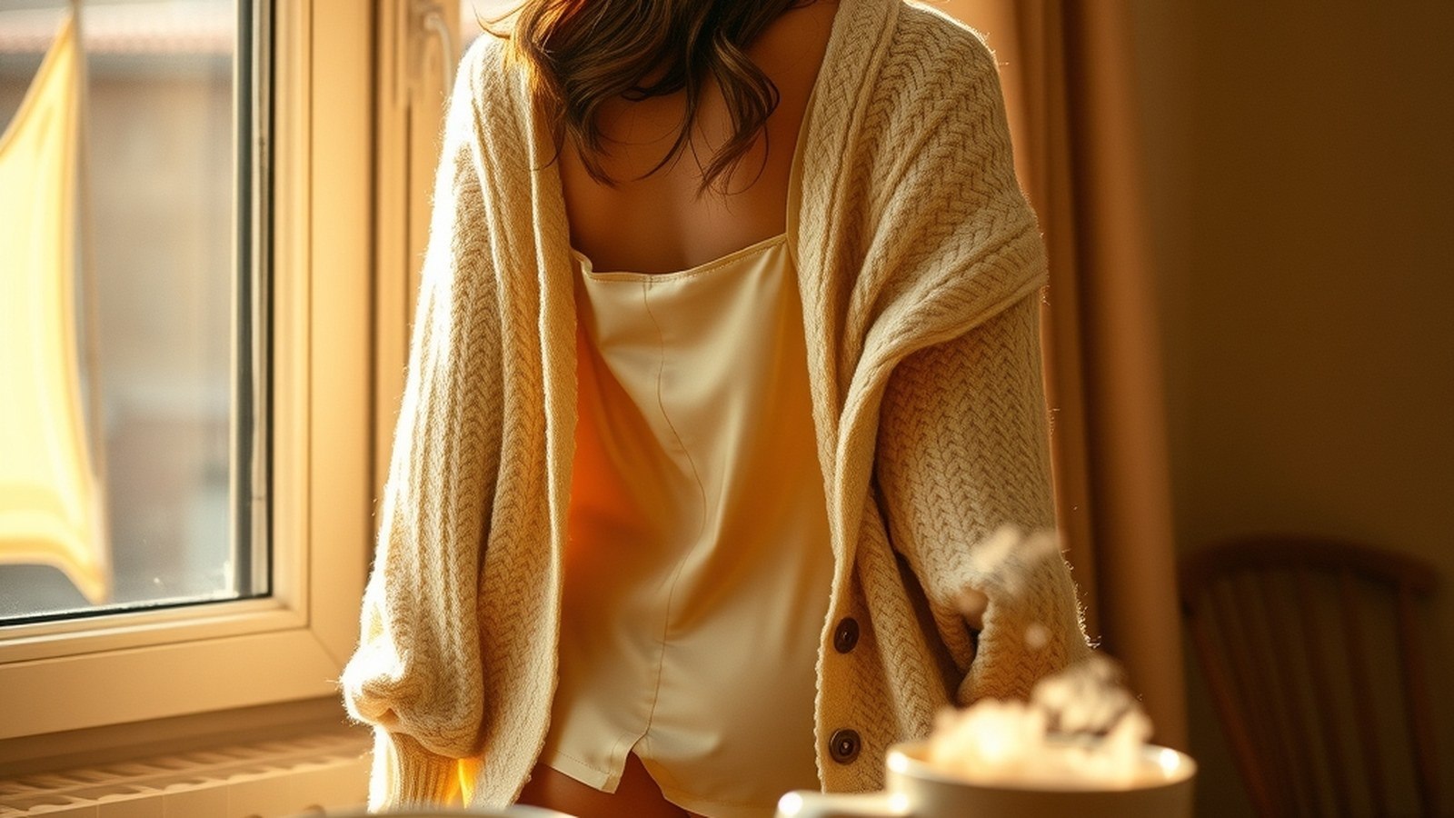 De dos près d'une fenêtre, nuisette satin champagne sous cardigan maille crème glissant sur l'épaule, bas côtelés.