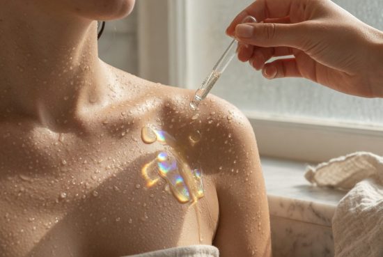 Épaule et décolleté humides sous la lumière dorée, main appliquant un sérum avec pipette en verre sur peau mouillée.
