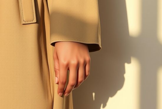 Poignet et avant-bras sortant d'une manche de trench-coat beige, ceinture et boucle métallique en gros plan