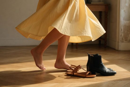 Femme en jupe midi jaune beurre marchant sur parquet clair, gros plan sur la jambe et le mollet, tissu fluide en mouvement ré