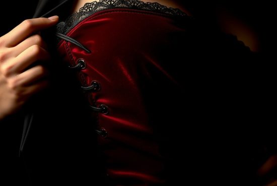 Femme portant un corset bordeaux à lacets, veste noire dénudant l'épaule.