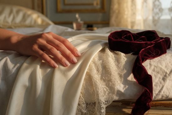 Gros plan : main caressant satin ivoire, dentelle et velours bordeaux sur un lit, lumière chaude