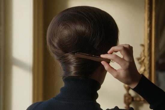 Femme vue de dos, cheveux noirs en beehive volumineux, col roulé noir.