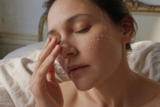 Gros plan d'un visage féminin au réveil, peau nue et humide avec gouttes d'eau, main effleurant la joue.