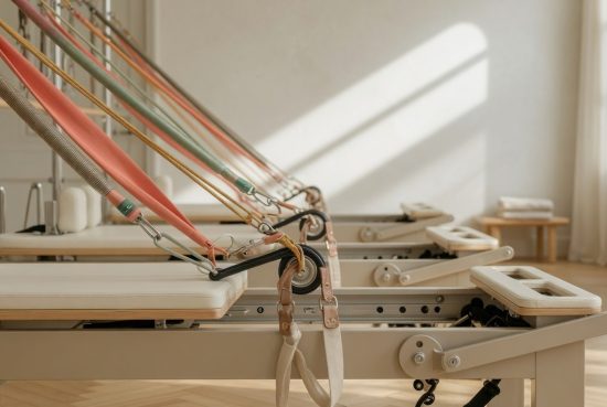 Machine reformer Pilates beige, ressorts colorés en premier plan, studio de wellness minimaliste