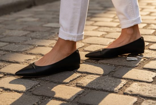 Pieds chaussés de ballerines noires pointues, jean blanc retroussé, sur des pavés parisiens en lumière dorée.