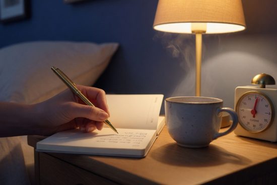 Main féminine écrivant dans un petit carnet crème sur une table de nuit bois, tasse chaude et minuteur laiton.