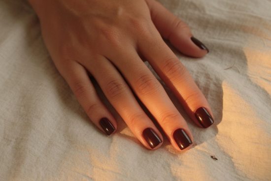 Main bronzée aux ongles bordeaux satiné posée sur lin écru, ligne de bronzage visible, lumière chaude d'août