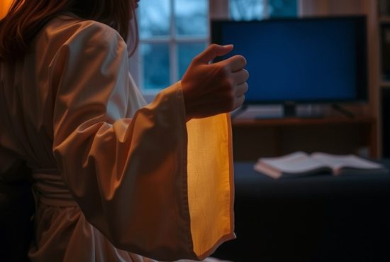 Femme en gros plan, main posant une télécommande, salon sombre éclairé d'une lumière chaude et crépuscule bleu