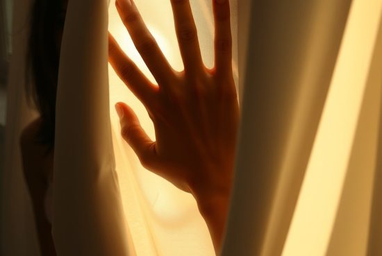 Doigts visibles à travers un tissu satin ivoire, silhouettés par la lumière rasante