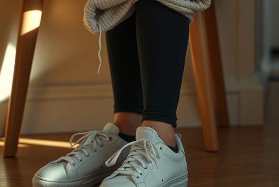 Baskets blanches sous console, legging plié encore étiqueté posé dessus, lumière matinale rasante.