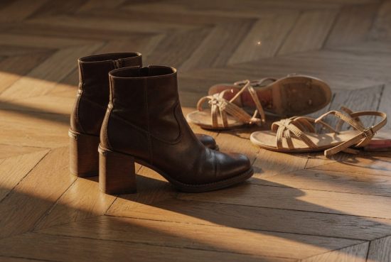 Paire de bottines marron à talon carré sur parquet en chevrons, lumière dorée, arrière-plan flou.