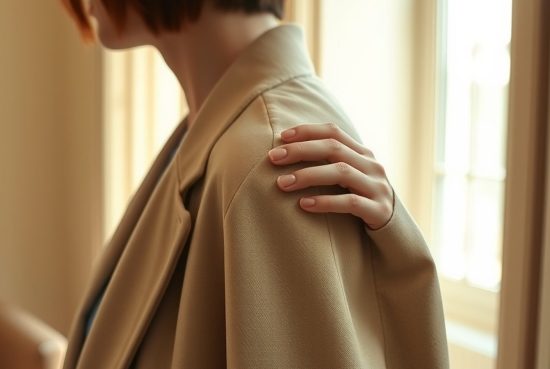 Femme de profil portant blazer beige oversize, main mesurant excédent à l'épaule, lumière rasante appartement haussmannien
