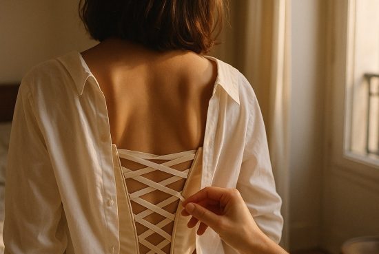 Femme photographiée de dos, chemise blanche déboutonnée révélant un corset en satin avec laçage entrecroisé au dos.