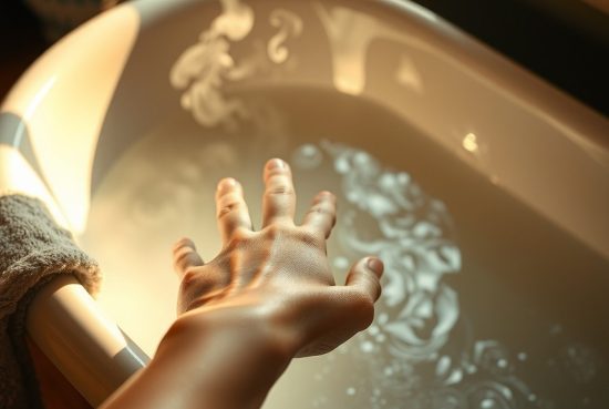 Main effleurant l'eau chaude d'une baignoire blanche, vapeur visible, serviette beige au bord, lumière d'après-midi, gros pla