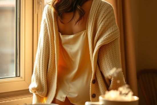 hero-9 De dos près d'une fenêtre, nuisette satin champagne sous cardigan maille crème glissant sur l'épaule, bas côtelés.
